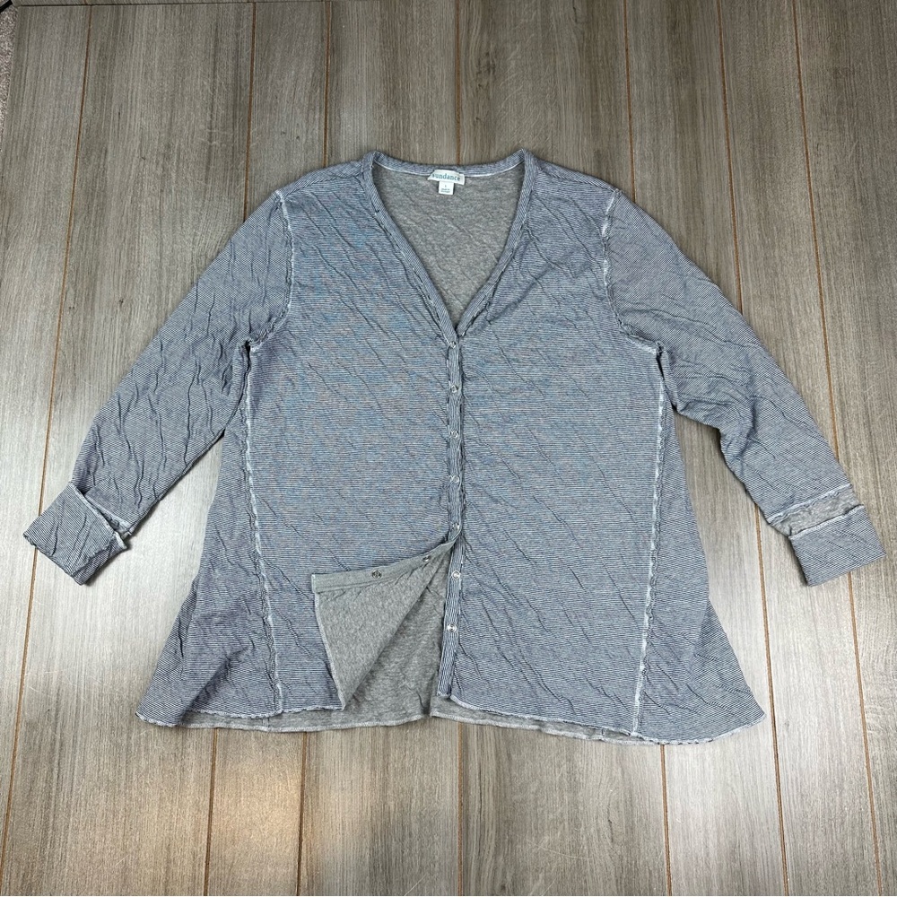 Sundance Cardigan Size L Snap Closure Double Knit Oversized Blue Stripes V-Neck